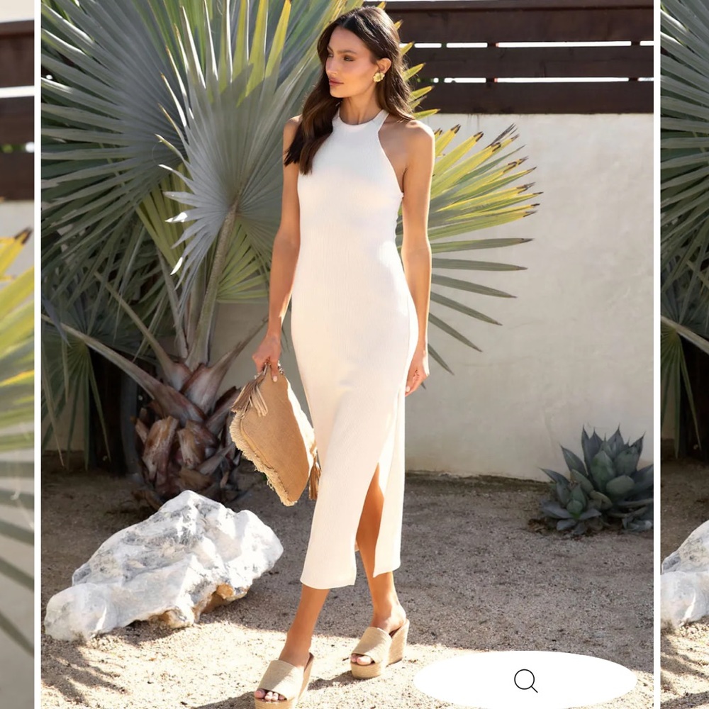 Tyche Cream Ribbed Midi Dress with Side Slit